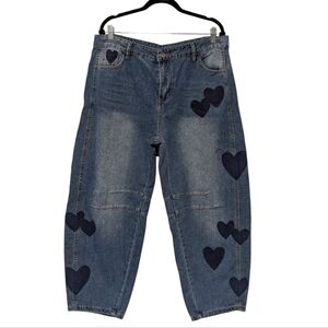 Women Mid Rise Barrel Jeans Heart Printed Wide Leg Denim Ankle Pants Vintage Bag